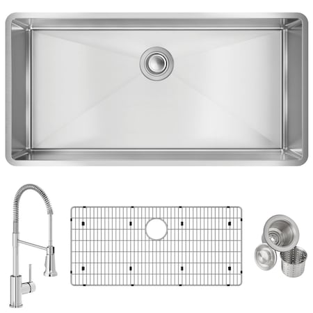 Elkay 18 Ga SS 36-1/2" x 18-1/2" x 9" Single Bwl Undermount Sink and Faucet Kit with Bottom Grid and Drain ECTRU35179TFCBC